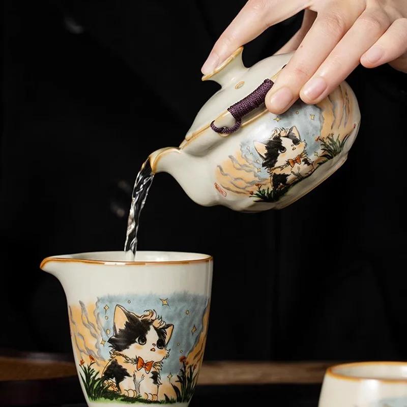 Ru Yao Süße Katze Porzellan-Teekanne Porzellan Gelb Mit Griff Teekanne Teezeremonie-Set Tee-Krawatte Guan Yin Jasmin Teegeschirr Typ