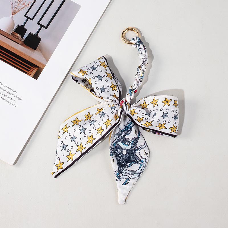 Silk Scarf Keychain with Horseshoe Buckle and Ribbon Bow for Bags and Cars