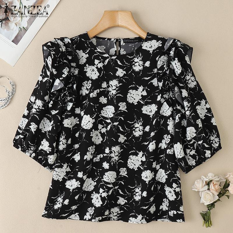 ZANZEA Women Casual Round Neck Summer Short Sleeve Print Blouse