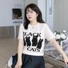 Sommer Damen T-Shirt Plus Size Rundhals Jacquard Katze Lose Kurzarm Tops