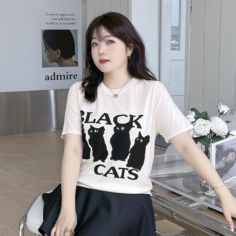 Sommer Damen T-Shirt Plus Size Rundhals Jacquard Katze Lose Kurzarm Tops