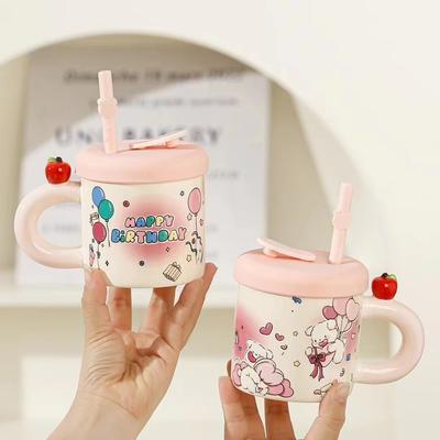 Sommer Strohbecher Niedliche Katze Becher Wasserbecher mit Deckel Keramikbecher Mädchen Paar Geburtstagsgeschenk Souvenir