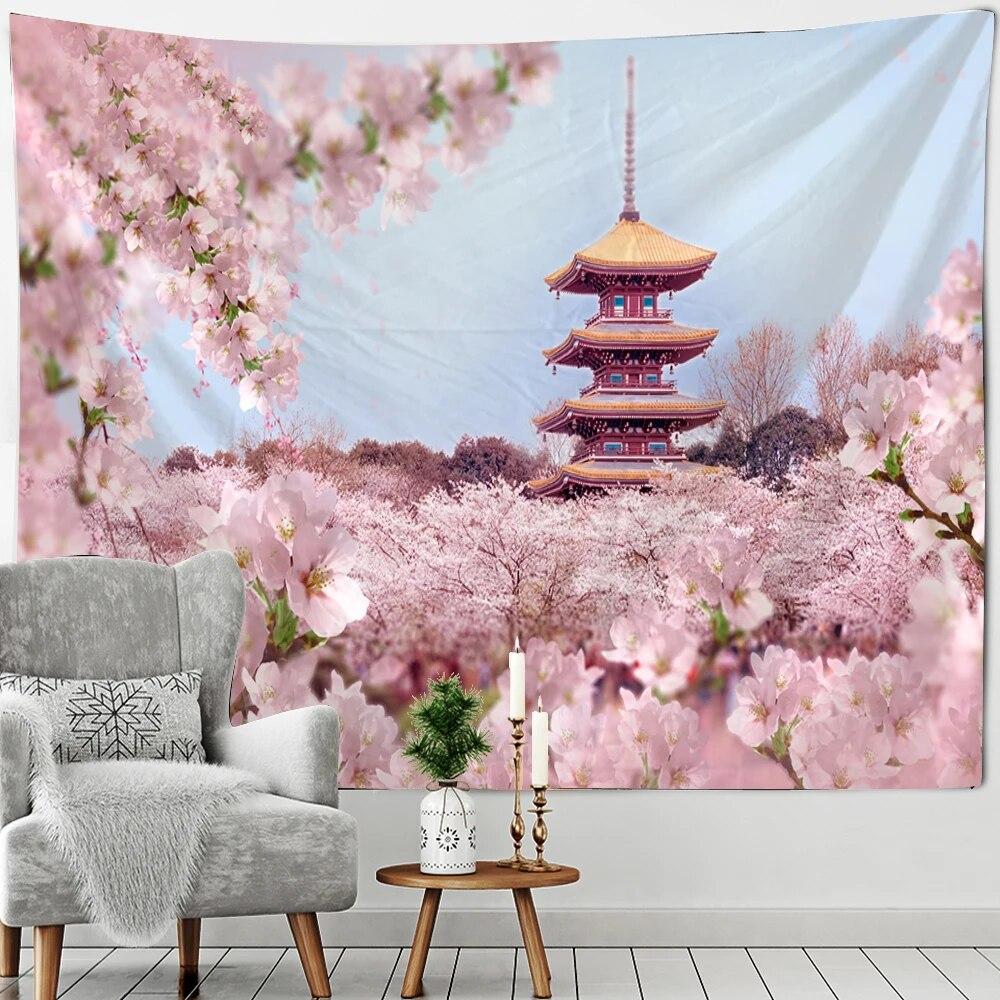 Beautiful Mount Fuji Sakura Pagoda Landscape Wall Hanging Tapestry Decorative Art Suitable for Living Room Room Home Decor