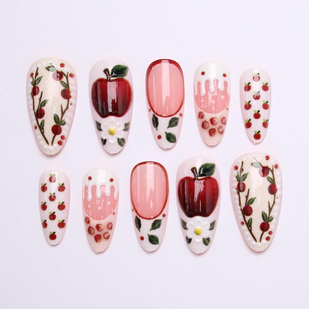 24Pcs Cute Red Apple Press On Nails Pink French Tip With Star Plaid Sweet False Nails For Girls Trendy Wearable Fake Nails
