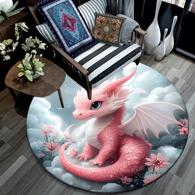 Pink Dragon Round Area Rug,Carpet Rug for Living Room Bedroom Sofa Playroom Decor,Non-slip Floor Mat