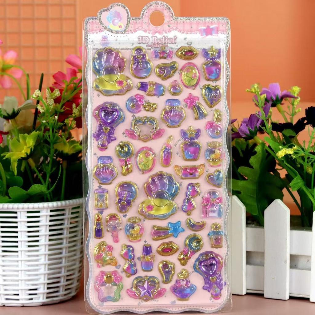 8Pcs Japanese Style 3D Crystal Epoxy Relief Stickers For Kids, Diamond Decorated, Magic Wand & Marine Life Fun Stickers