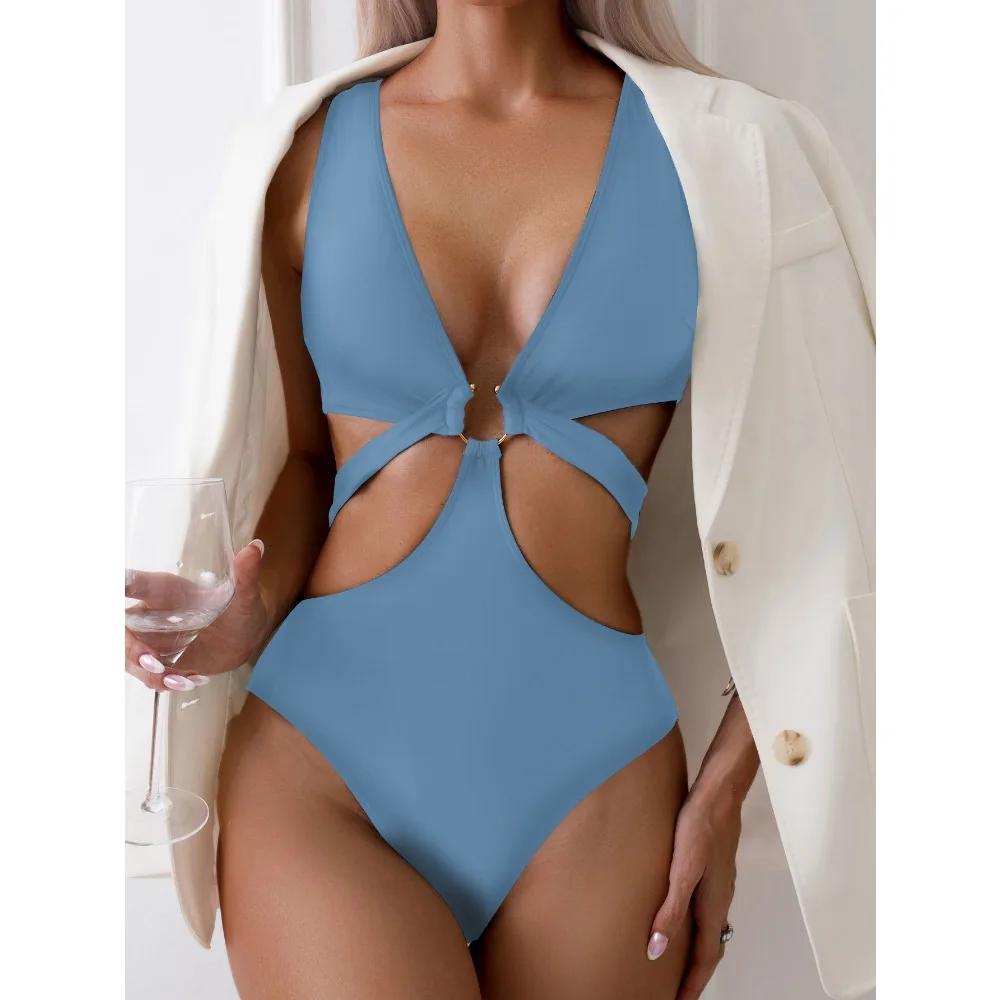 Sexy V Neck Hollow Push Up Swimwear High Waist Halter Swimsuit For Women Backless Tied One Piece Bathing Suit