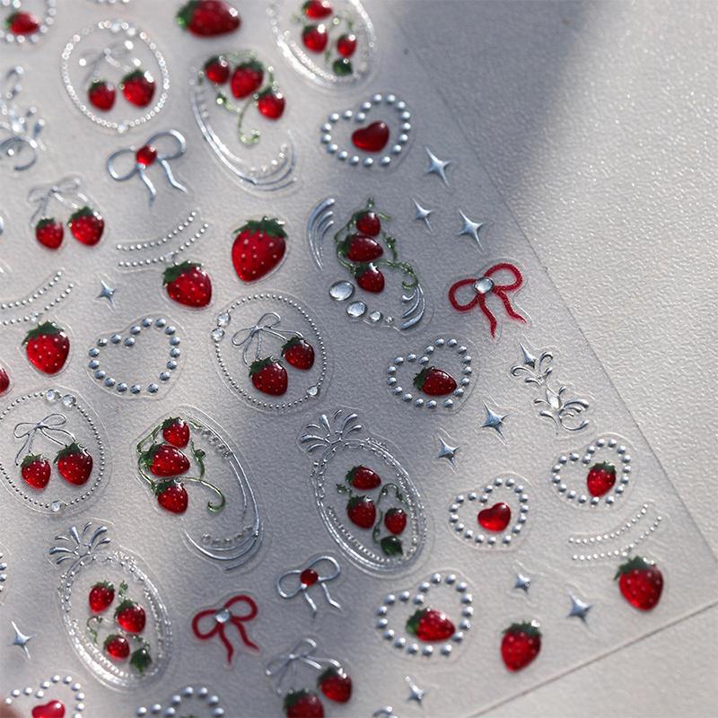 1 Sheet Chic Self Adhesive Manicure Decal Lovely Red Fruit Strawberry Bowknot 5D Nail Art Stickers Diy Accessories