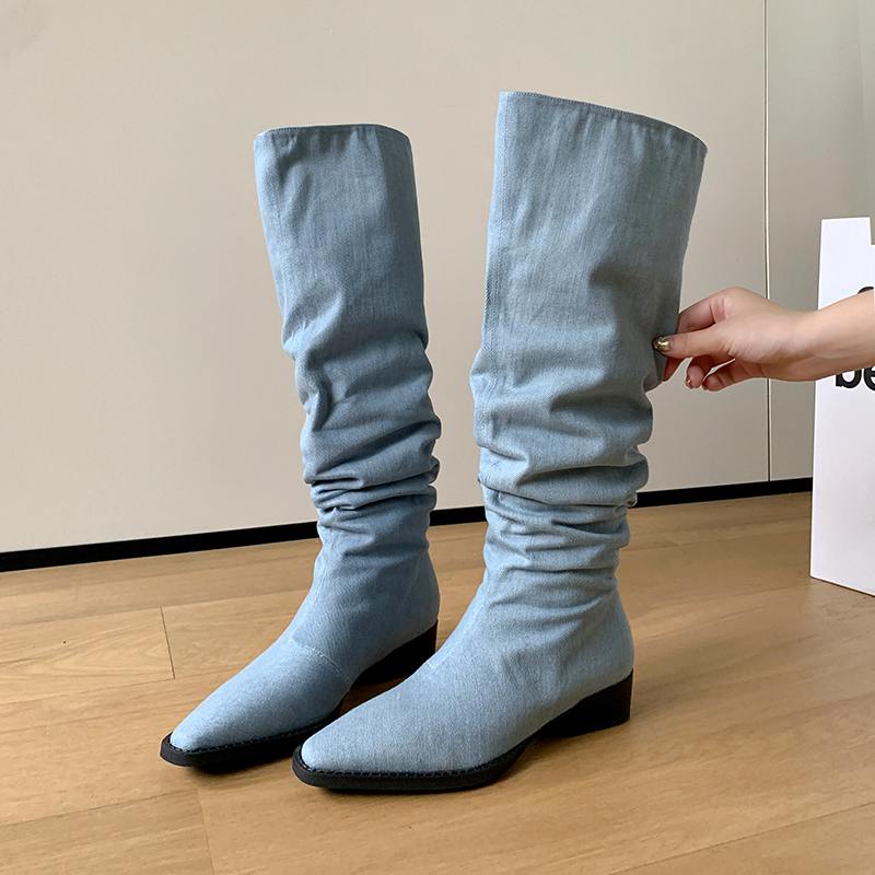 Krazing Pot Denim automne hiver chaussures bout rond épais talons moyens sans lacet plissé décoration bottes occidentales femmes cuissardes