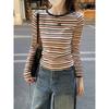 Women's Slim Fit Color Block Stripe Long Sleeve T-shirt - American Design for Spring and Autumn.