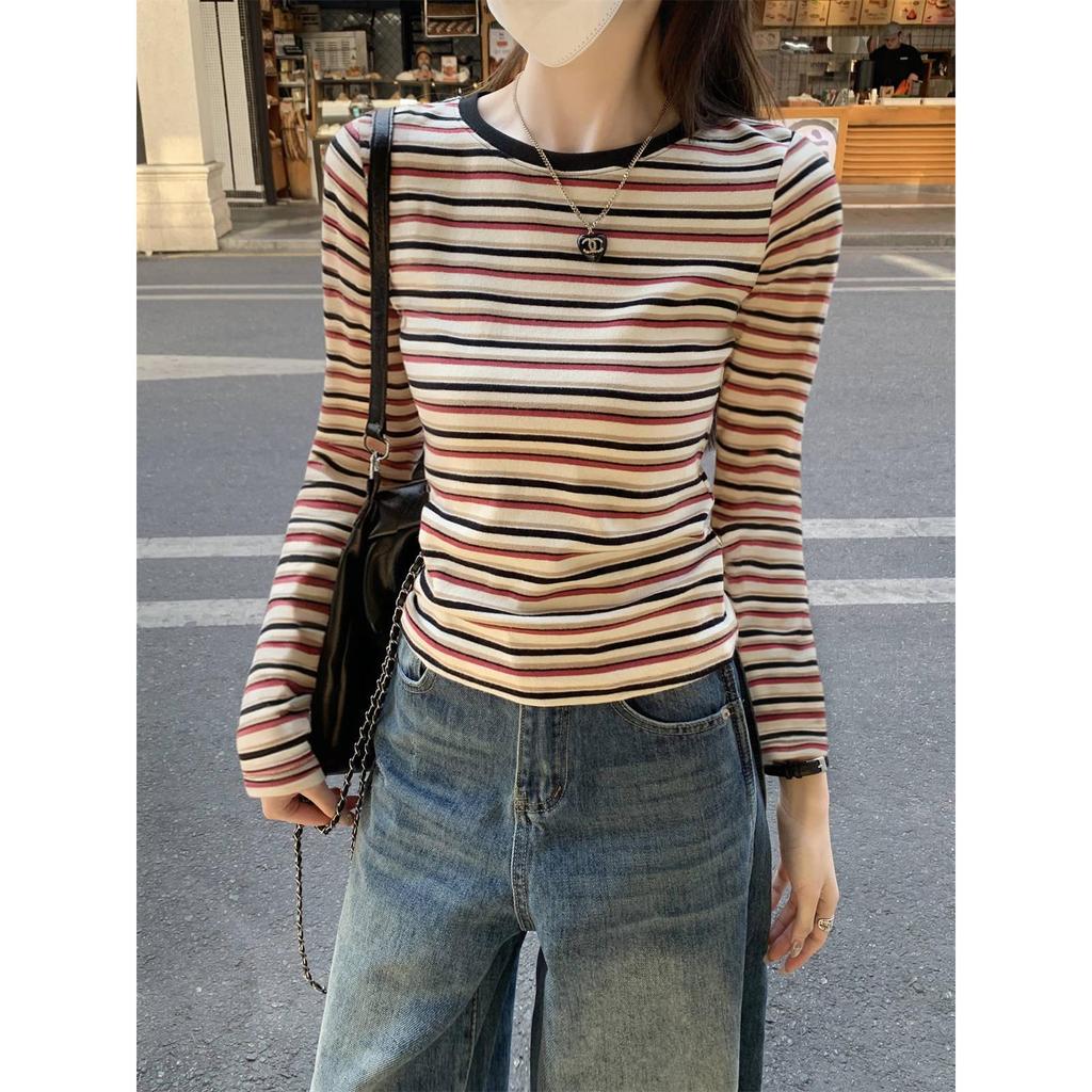 Women's Slim Fit Color Block Stripe Long Sleeve T-shirt - American Design for Spring and Autumn.