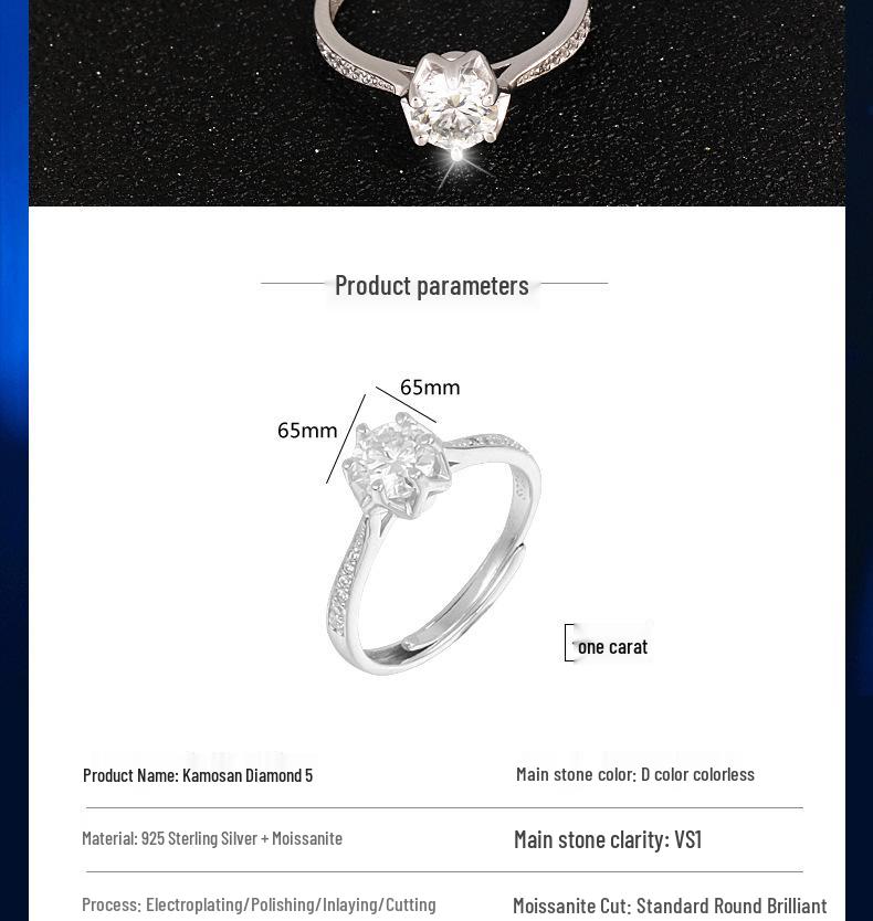 S925 Sterling Silver Moissanite Six-Prong Square Bezel Women's Open Design Ring