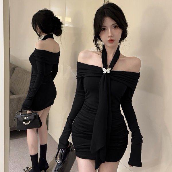 

Сексуальное мини-платье с длинным рукавом и вырезом-лодочкой, женское уличное платье с тонкими складками Y2K, модное однотонное платье-обертка, новое S