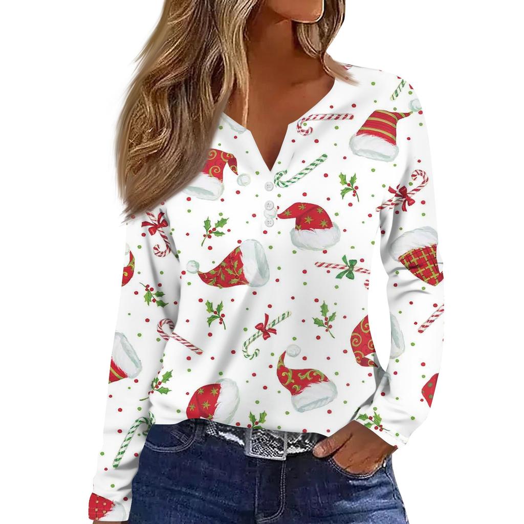 Women's Fashion Casual V-Neck Long Sleeve Christmas Printed T-Shirt Top