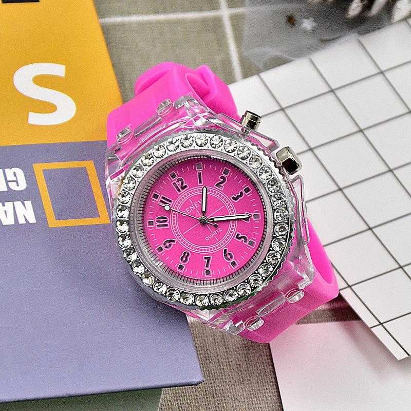 

Luminous luminous personalized rhinestone led fashion male and female students couple jelly quartz watch рожевий червоний колір