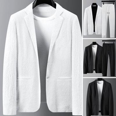 2 Pcs/Set Men Coat Pants Set Striped Pleated Drawstring Elastic Waist Soft