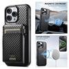 Pouzdro na iPhone z uhlíkových vláken s peněženkou, magnetické bezdrátové nabíjení, mechanický výsuvný držák na karty (8-10 karet) Tenký nárazuvzdorný kryt