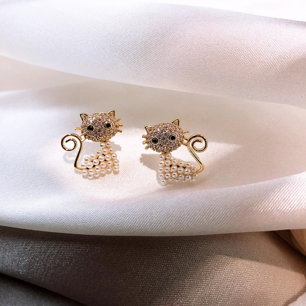 Temperament Rhinestone Imitation Pearl Cat Stud Earrings For Women Men Elegant Lovely Animal Kitten Earrings Fashion Jewelry