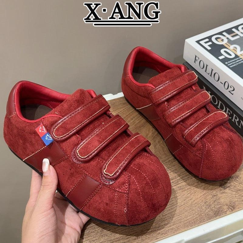 Leather Velcro women's shoes red women's autumn new student bread shoes casual board shoes