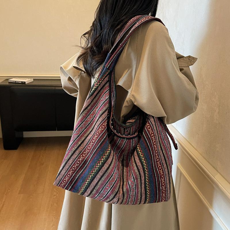 Retro Striped Texture Simple Backpacks for Women Large Capacity Two Way Shoulder Bags Lazy Ethnic Style Joker Tote Storage Bags
