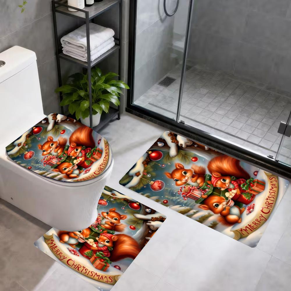 Christmas 3Pcs Bathroom Mat Set Toilet Lid Cover And Rug Ushaped Bath Mats Nonslip Door Mat Decoration