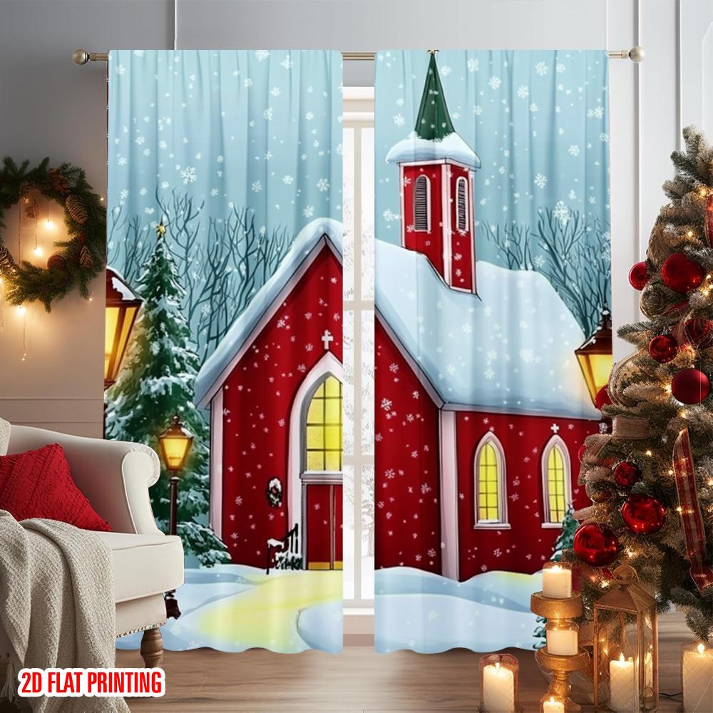 2pcs 2D flat printing Merry Christmas Popular Party Window Curtains Festive Red Church with Snow Scenery Versatile Polyester