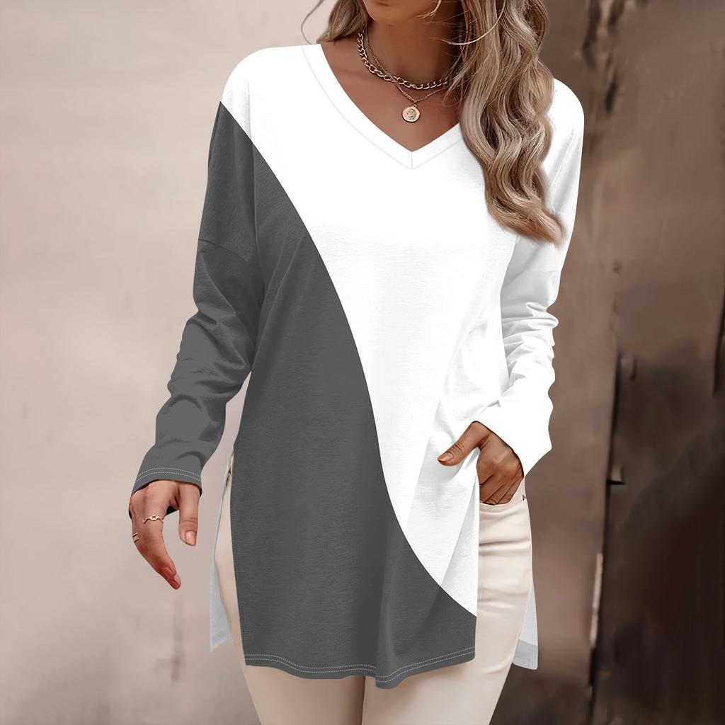 Women's Fashion Long Sleeve Shirts Print Loose Fitted V-Neck Basic Tops Casual Outfits