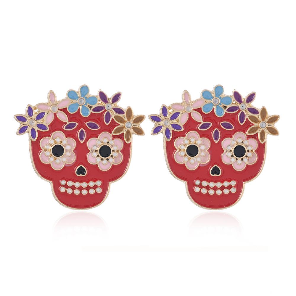 Colorful Rhinestone Skull Earrings: Retro Pink Drip Oil Studs for Women’s Halloween
