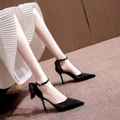 Bow Black High Heels Women's 2025 New Spring and Summer One-word Buckle Thin Heel Niche Design Single Shoes Women