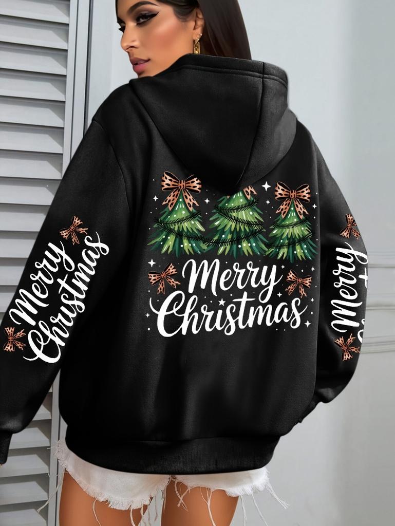 Merry Christmas Bow Tree Pattern Women'S Hoodie Casual Hoodie Autumn Hooded Sweater