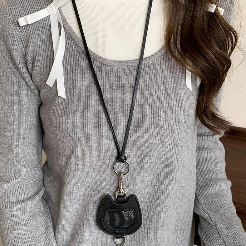 Mini Love Heart PU Leather Hanging Pendant Cute Cat Necklace Fashion Photo Cardholder Long Sweater Chain Accessories Women Men