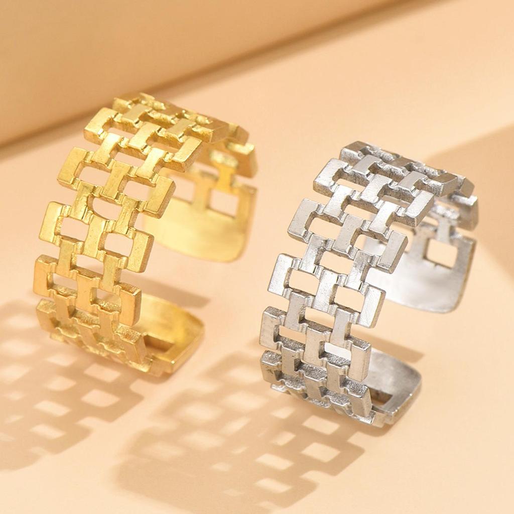 French Retro Double Row Open Square Chain Stainless Steel Ring - Women's Versatile Dress Accessory