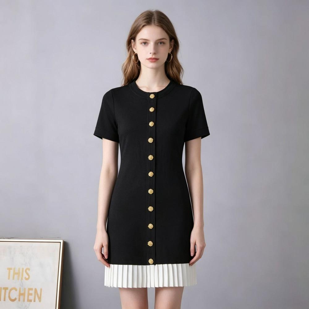 Summer New Button Slim Commute Dress French Style Contrast Color Short Sleeve Dress Elegant O-neck High Waist Pleated Mini Dress