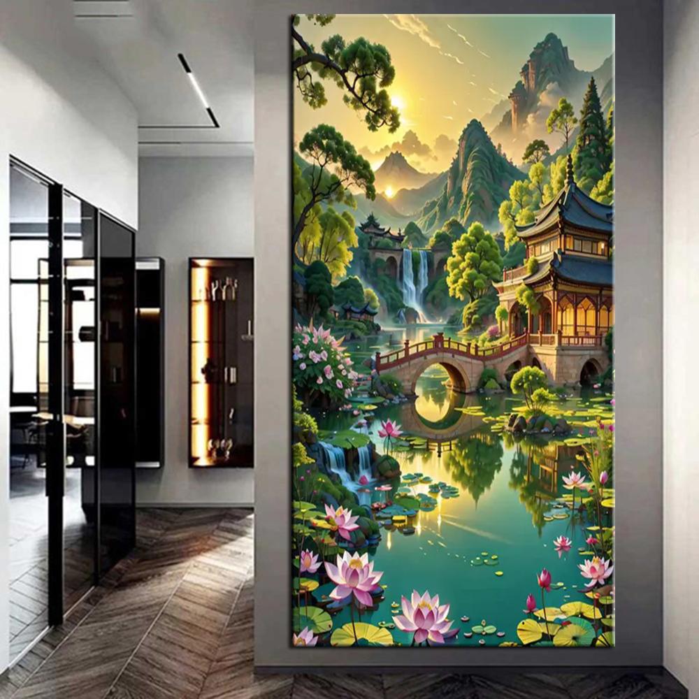 Full Drill Handmade DIY Lotus Courtyard Landscape Diamond Painting Kit Cross Stitch Embroidery Diamond Mosaic Home Decoration j3859