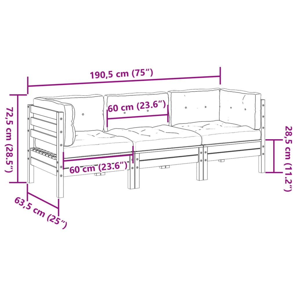 3 Piece Garden Sofa Set with Cushions Solid Douglas Fir Wood