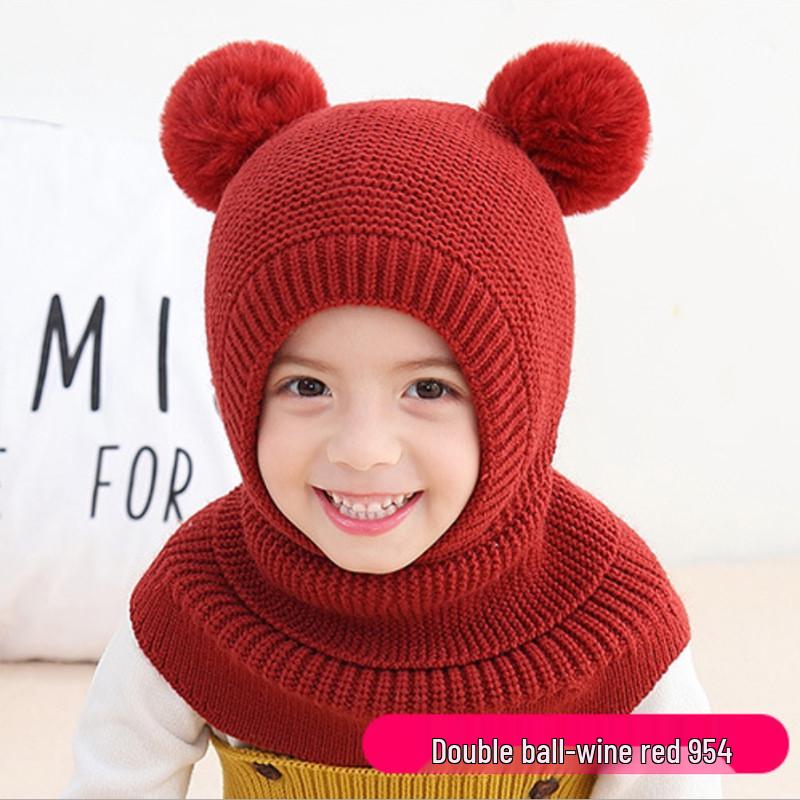 Koreaanse Stijl Kinder Dubbele Pompon Oorflappen Hoed & Eendelig Sjaal Set (Herfst/Winter 2025 Collectie)