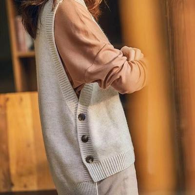 Pullover im College-Stil mit Saum und drei Knöpfen, Strickweste für Damen, einfarbig, O-Ausschnitt, ärmellos
