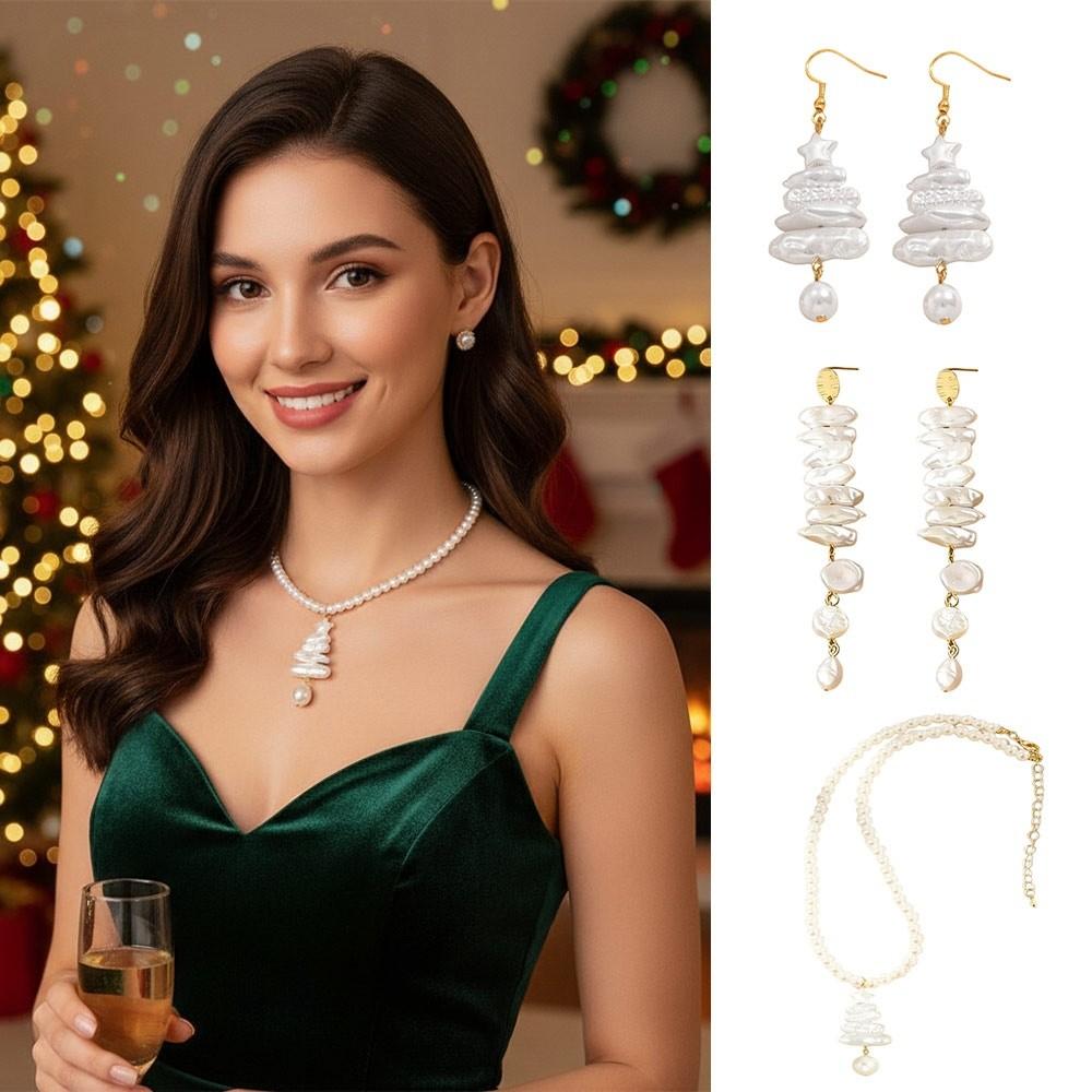 Pearl Flower Christmas Earrings Irregular Long Christmas Tree Necklace White Snowflake Design Pearl Drop Earrings