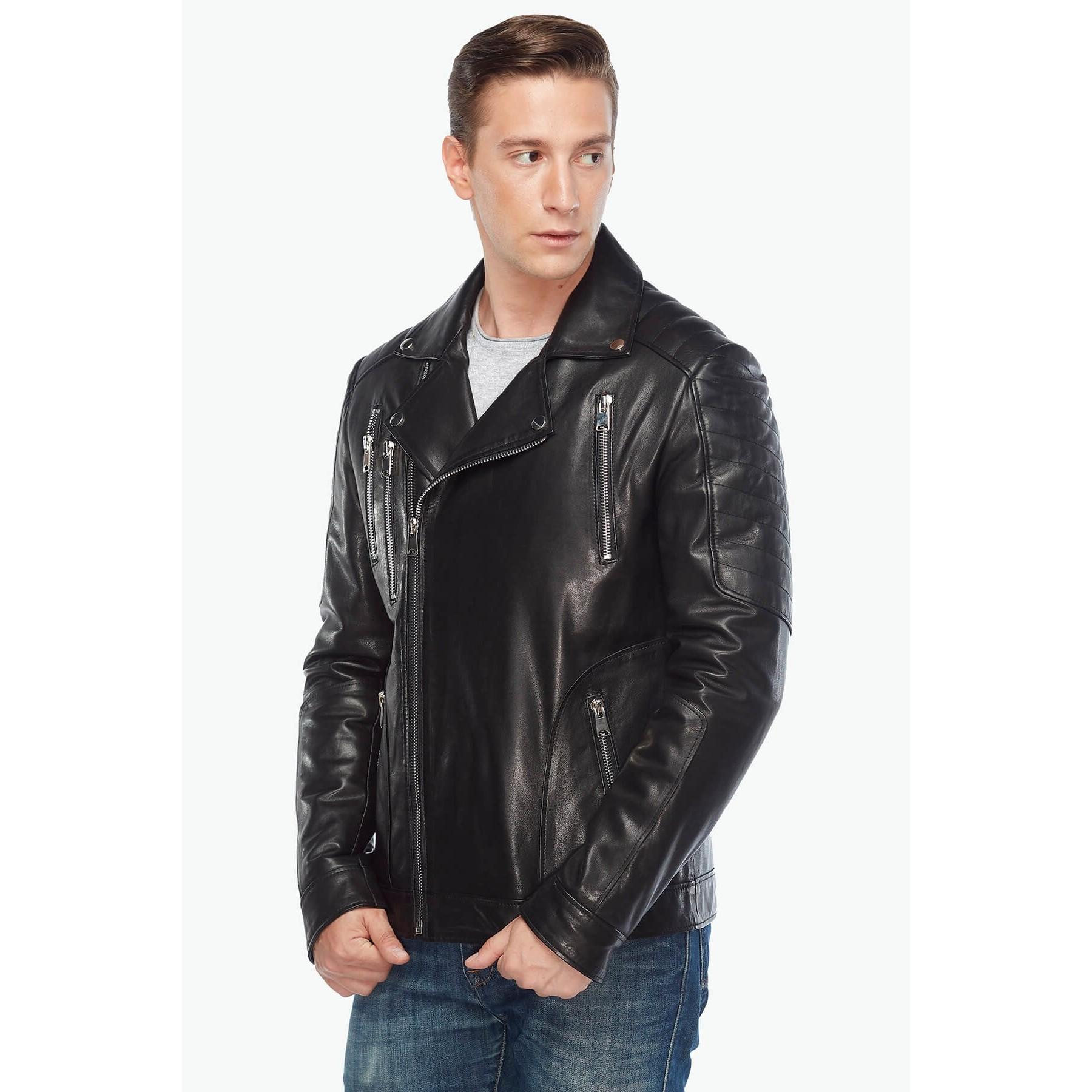 

Байкерское мужское пальто из натуральной кожи, черное