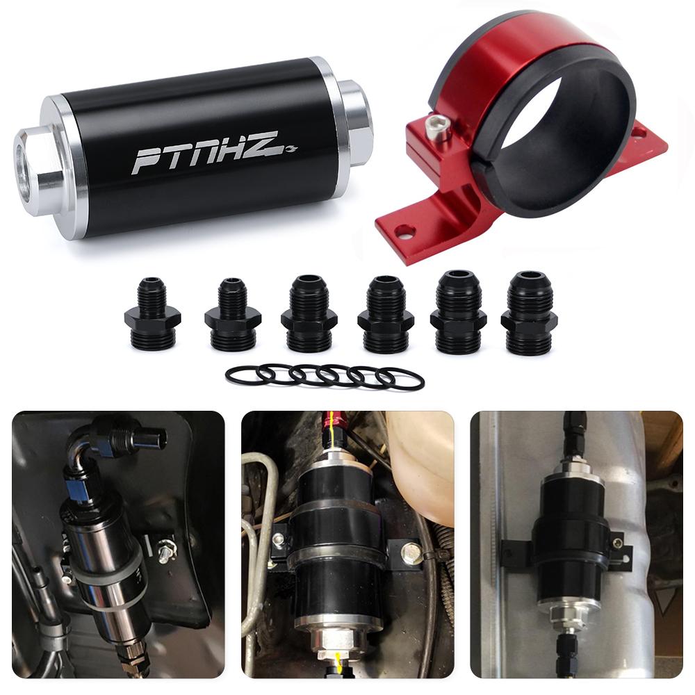ID:58MM Universal Fuel Filter with Bracket with 2pcs AN6/AN8/AN10 Adaptor Fittings with 100micron Steel Element PQY5573+LS2511