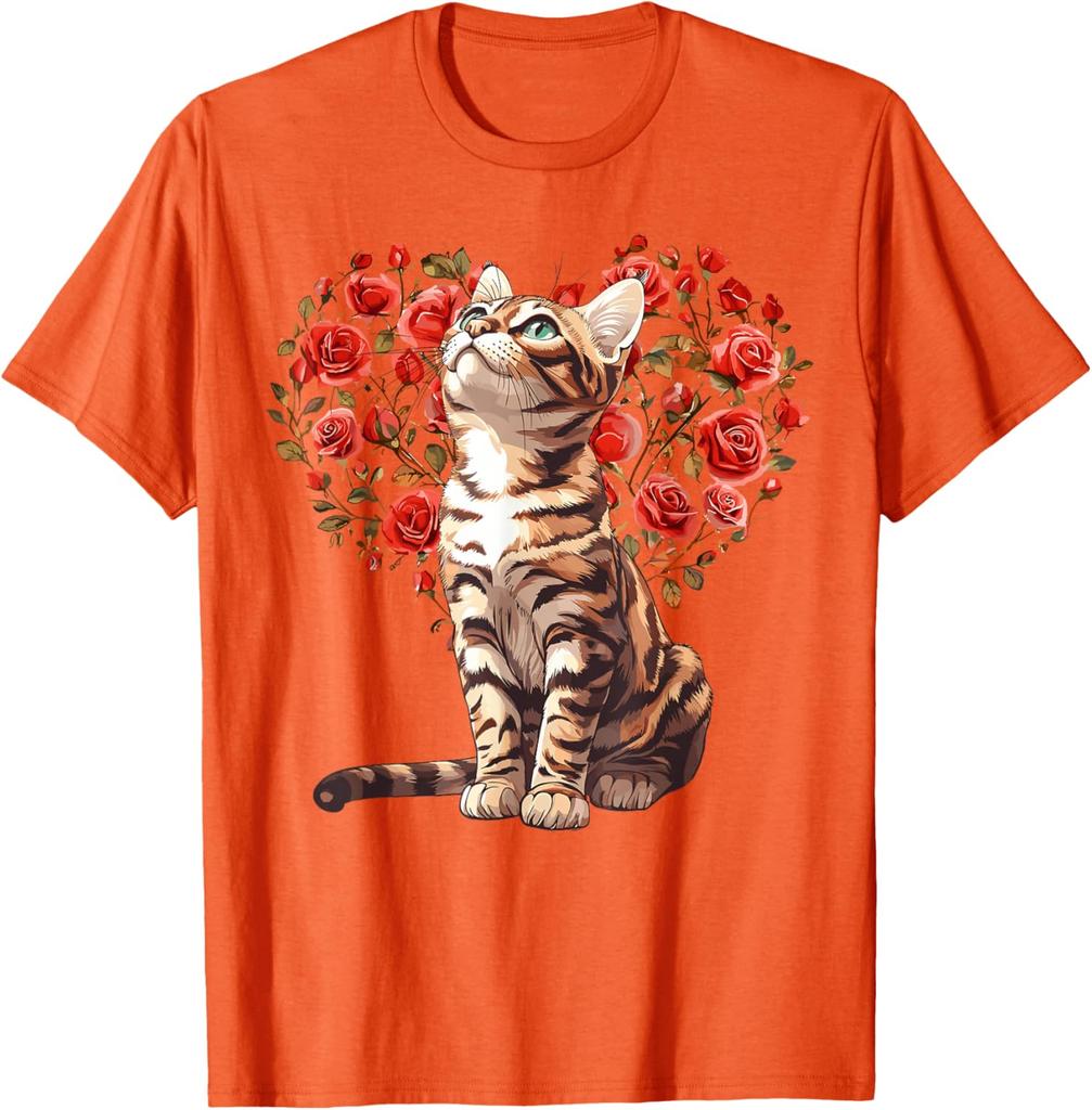 Bengal Cat Heart Rose Floral T-Shirt Cute Cat Lovers Casual Daily Graphic Tee