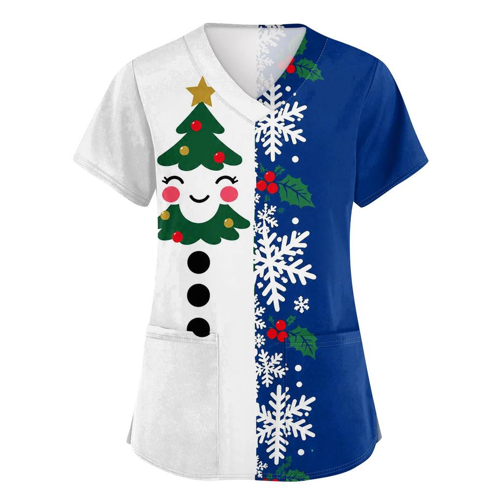 Women's V-Neck Short Sleeve Scrub Top with Christmas Print, Casual Caregiver Uniform