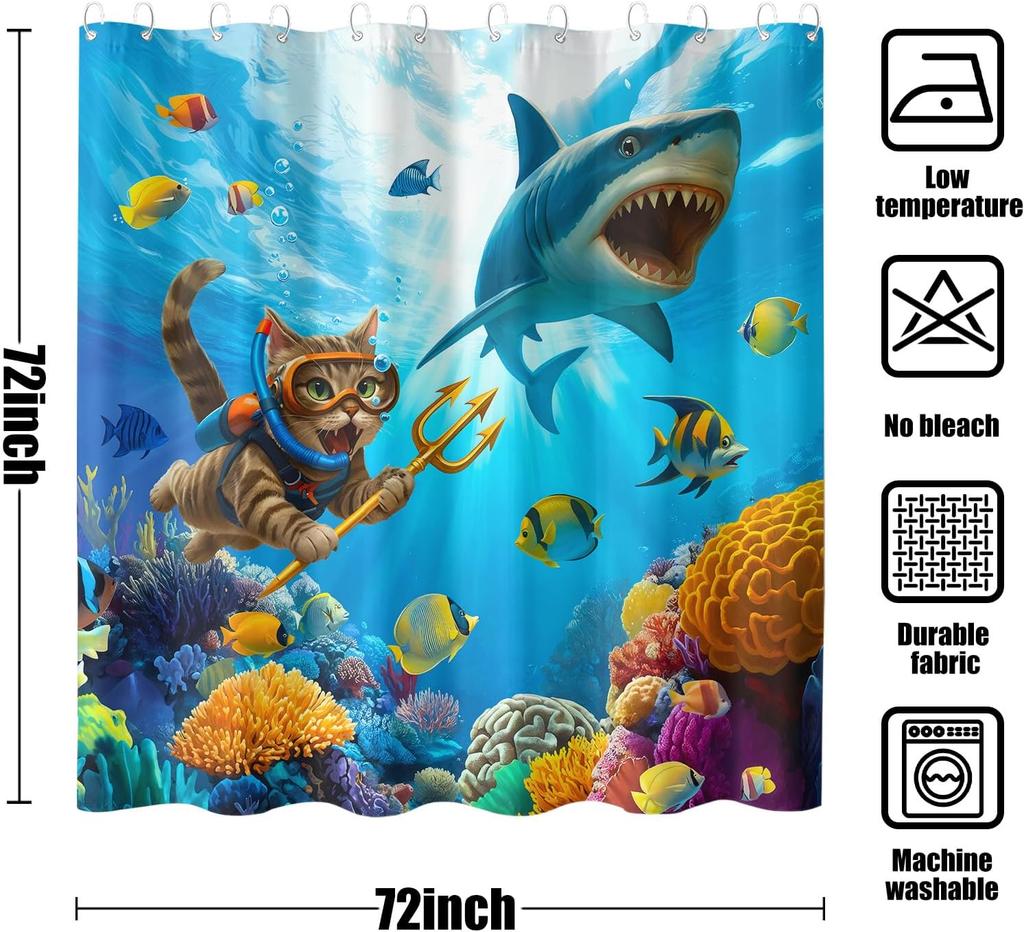 Funny Cat Shark Shower Curtain Ocean Tropical Fish Shower Curtains For Bathroom Kids Cute Fun Underwater World Coral Coastal