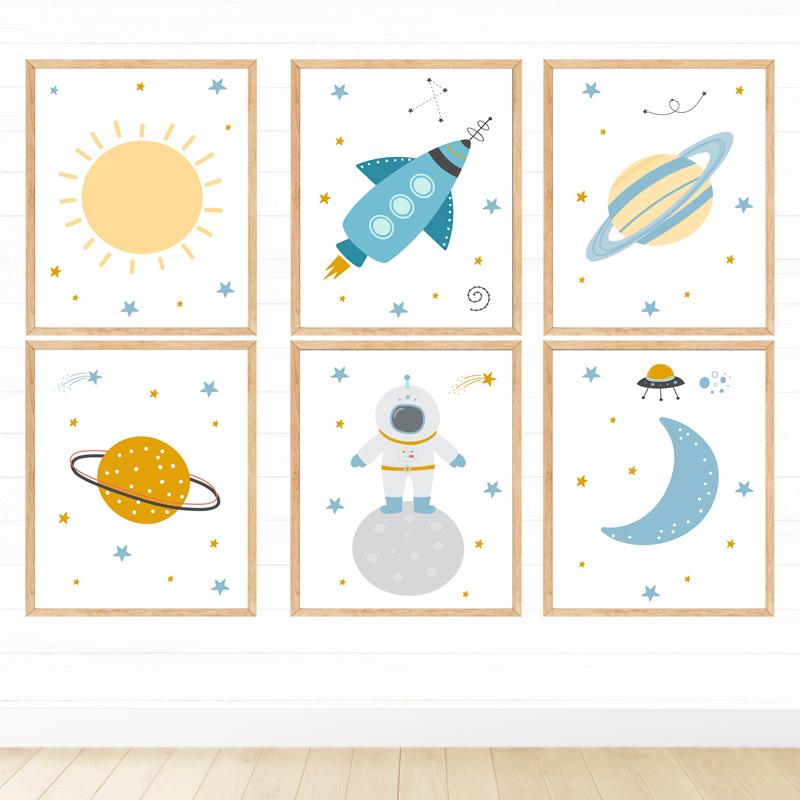 Cartoon Moon Planet And Prints Sun Rocket Poster Canvas Prints Children's Room Wall Art Decoration Pictures Children's Room Art No Frame