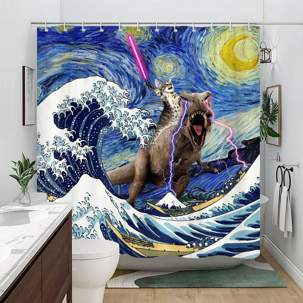 Funny Cat In Bathtub Bathing Cartoon Kids Shower Curtain Tyrannosaurus Rex Wave Polyester Fabric Shower Curtains Bathroom Decor