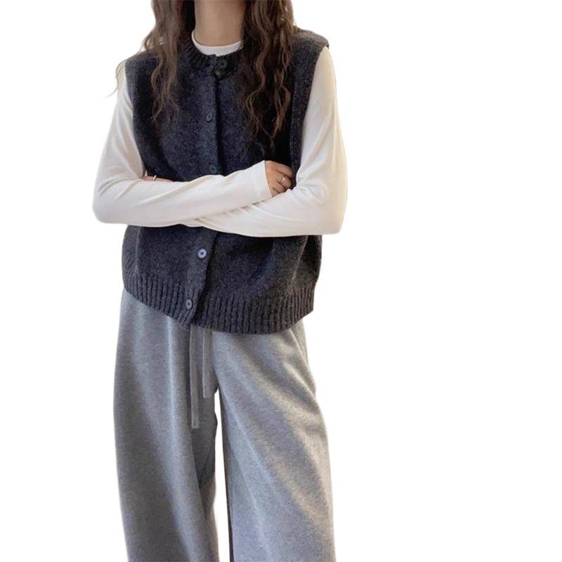 Vestă Tricotată Gri Sleeveless Single-Breasted Chic Coreean pentru Femei