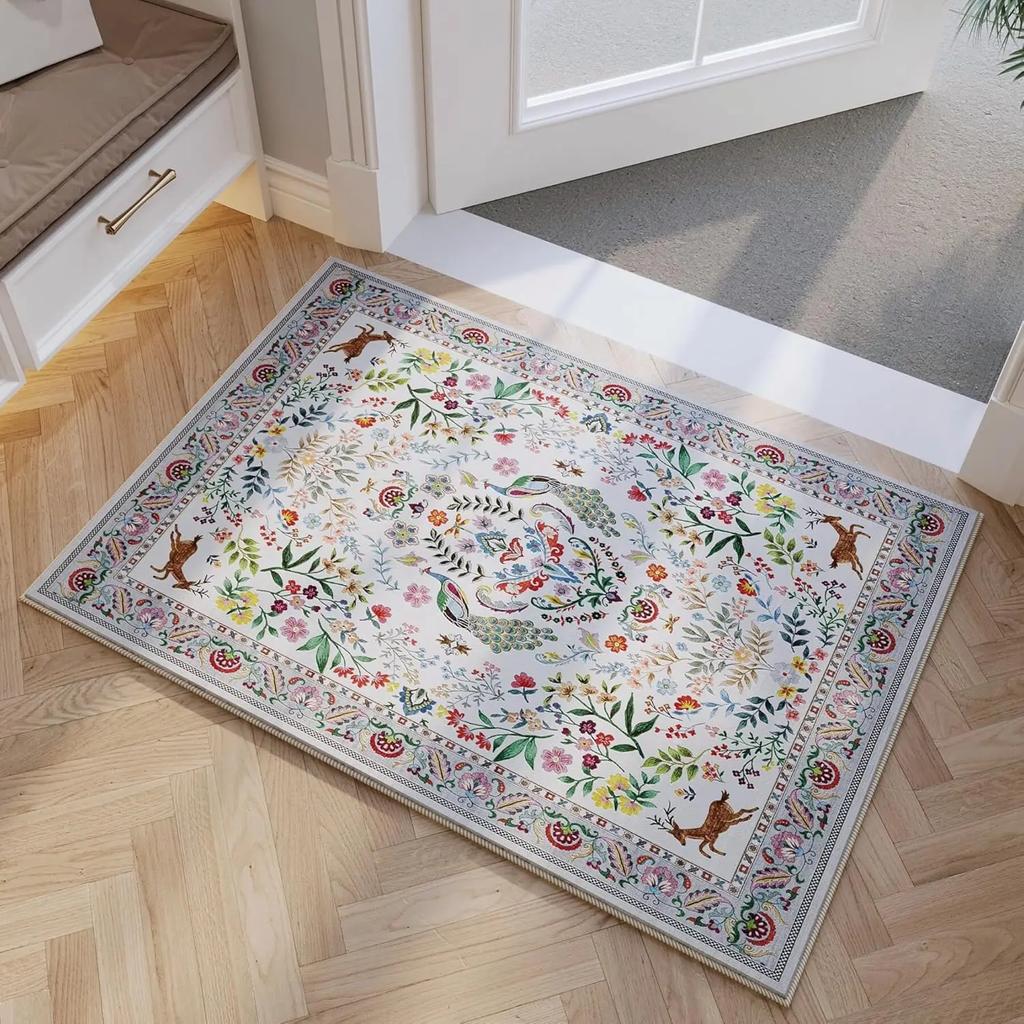Vikama Machine Washable Area Rug Floral Office Non Slip Small Carpet For Bedroom Bedside Kitchen Entryway Kids Room Office Decor