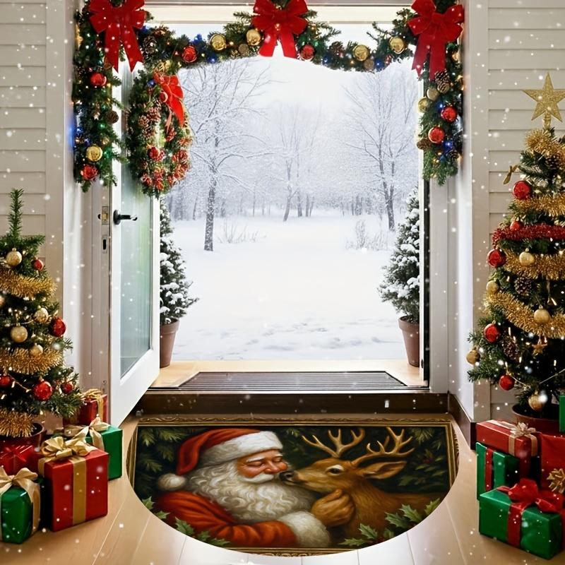 1Pcs Santa Deer Holly Pattern Semi Circle Welcome Doormat Non Slip for Outdoor Patio Porch Kitchen Bathroom Entryway Floor Mat