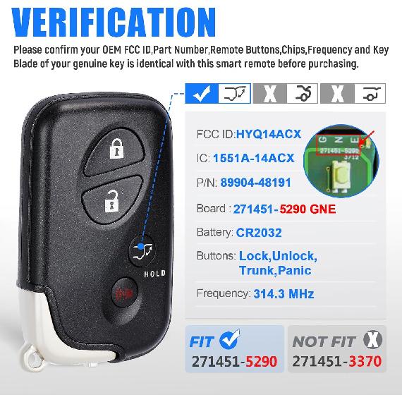 Smart Key Fob Transmitter Keyless Entry Remote Replacement for Lexus RX350/RX450/GX460/LX570/CT200h 2009-2015 271451-5290GNE Board FCC:HYQ14ACX