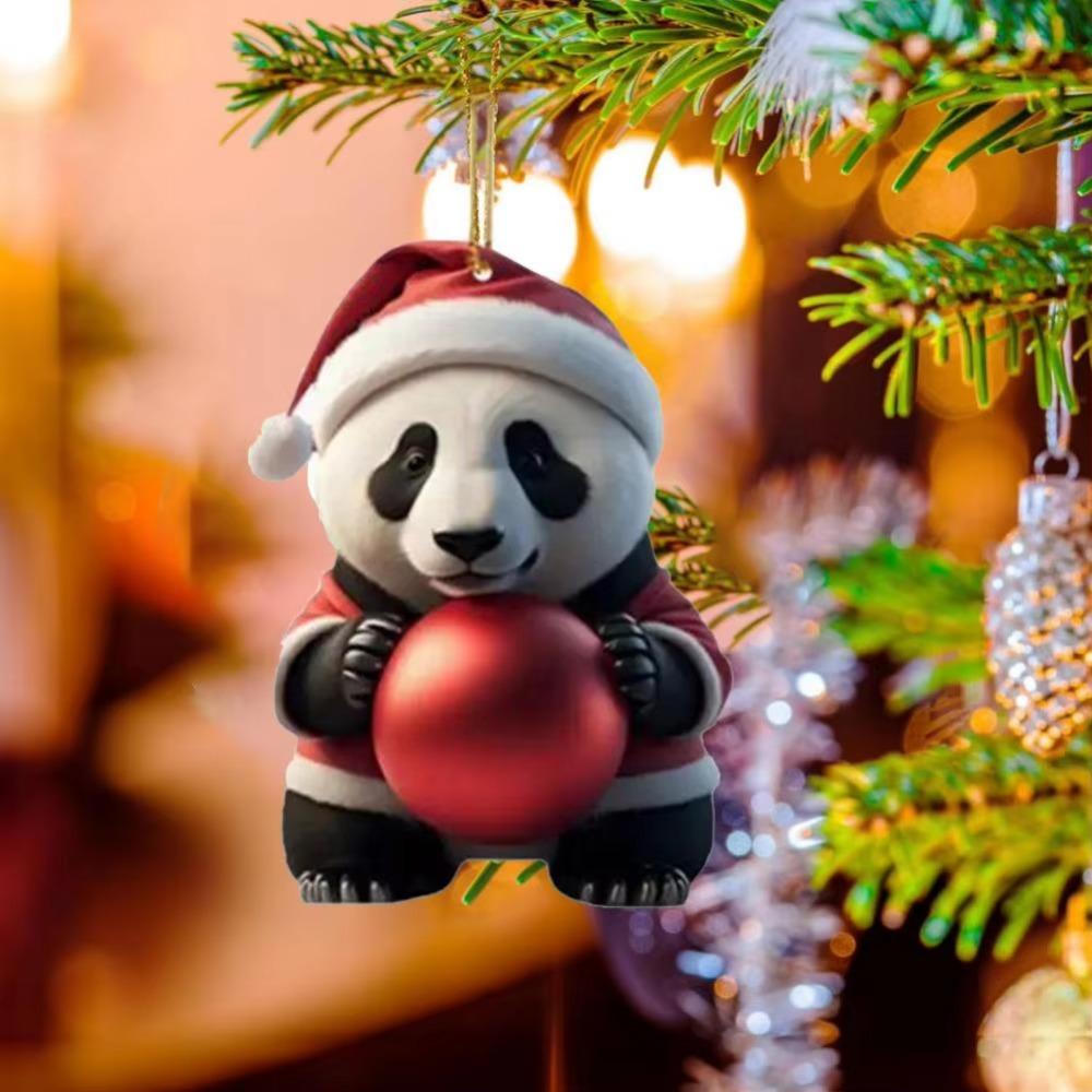 Creative 2D Christmas Panda Ornament Cute Acrylic Car Panda Pendants Cartoon Xmas Hanging Ornament New Years